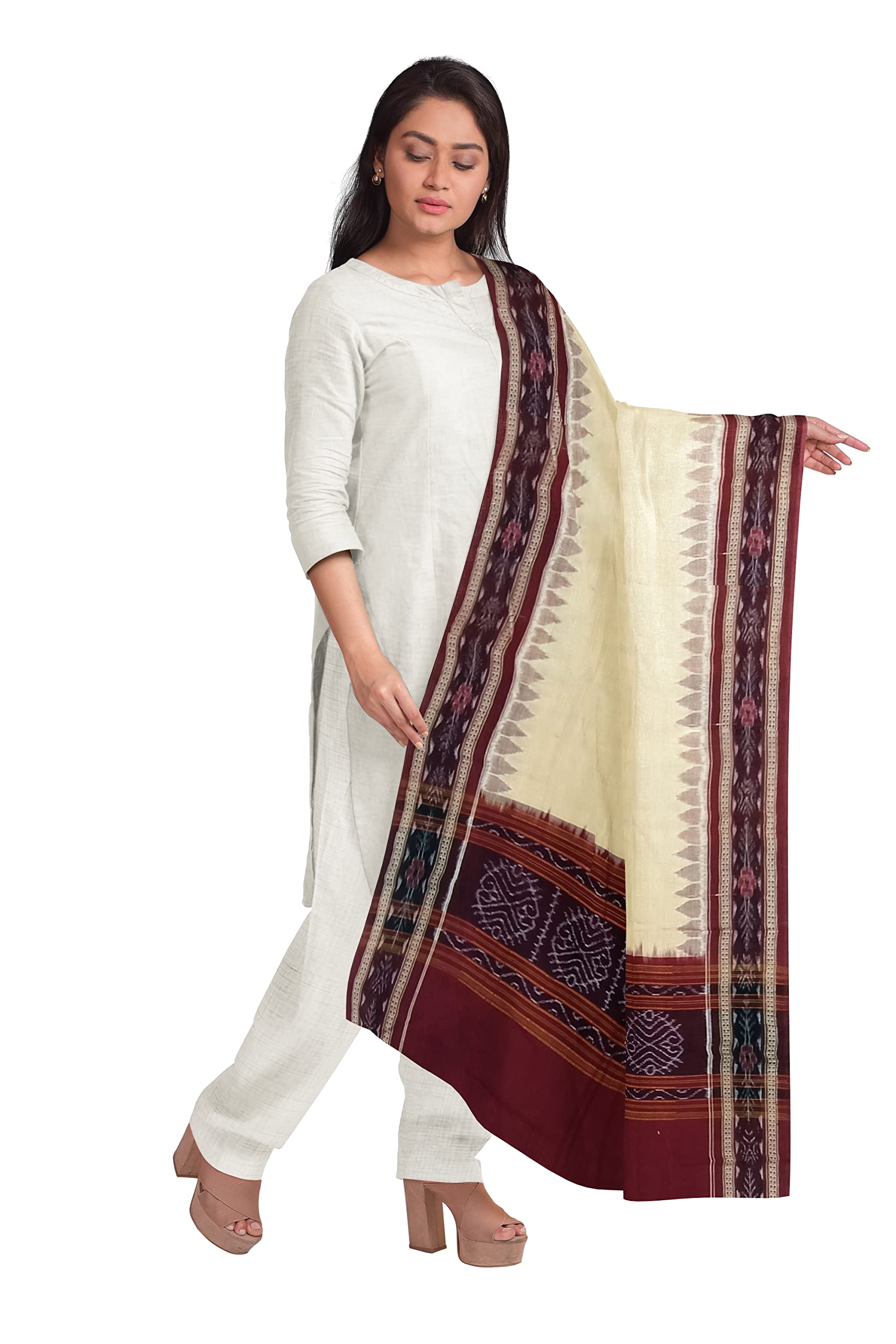 pritisree Women's Solid Sambalpuri Cotton Dupatta With Weaving And Ikat Woven Border From The Weavers Of Odisha Temple Border & Ikkat Ladies Girls & Women -36, Cream, Free-picture-32