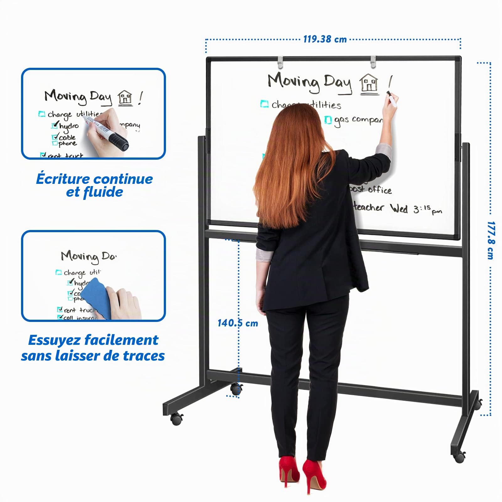Tableau Blanc Effacable sur Pied 120 x 80 cm, Whiteboard Mobile avec Support, Surface d'écriture Magnétique Double Face, Cadre en Aluminium, Accessoires pour Salle de Classe, Maison, Bureau, Noir