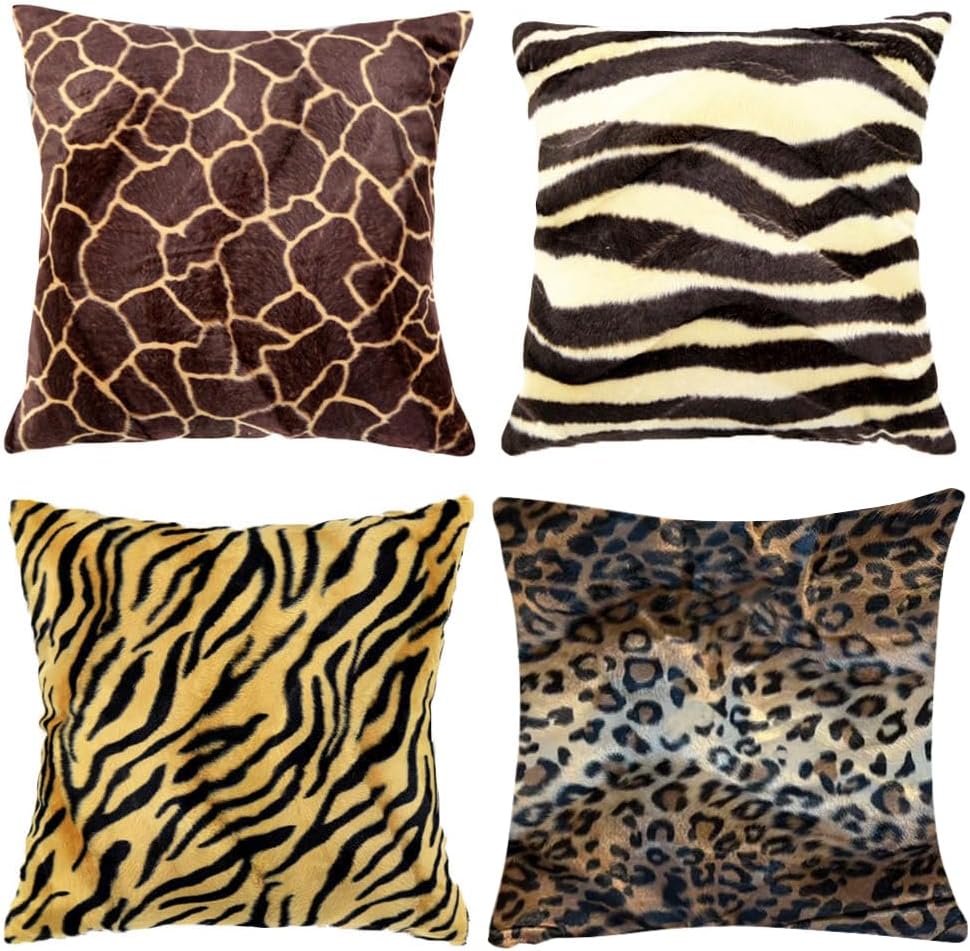 WOMHOPE® 4 Pack - 18" x 18" Short Faux Fur Cushion Decorative Pillow Covers Animal Theme Print Style Square Throw Pillowcase Cushion Covers for Sofa,Bed,Chair,Auto Seat (F(Set of 4))