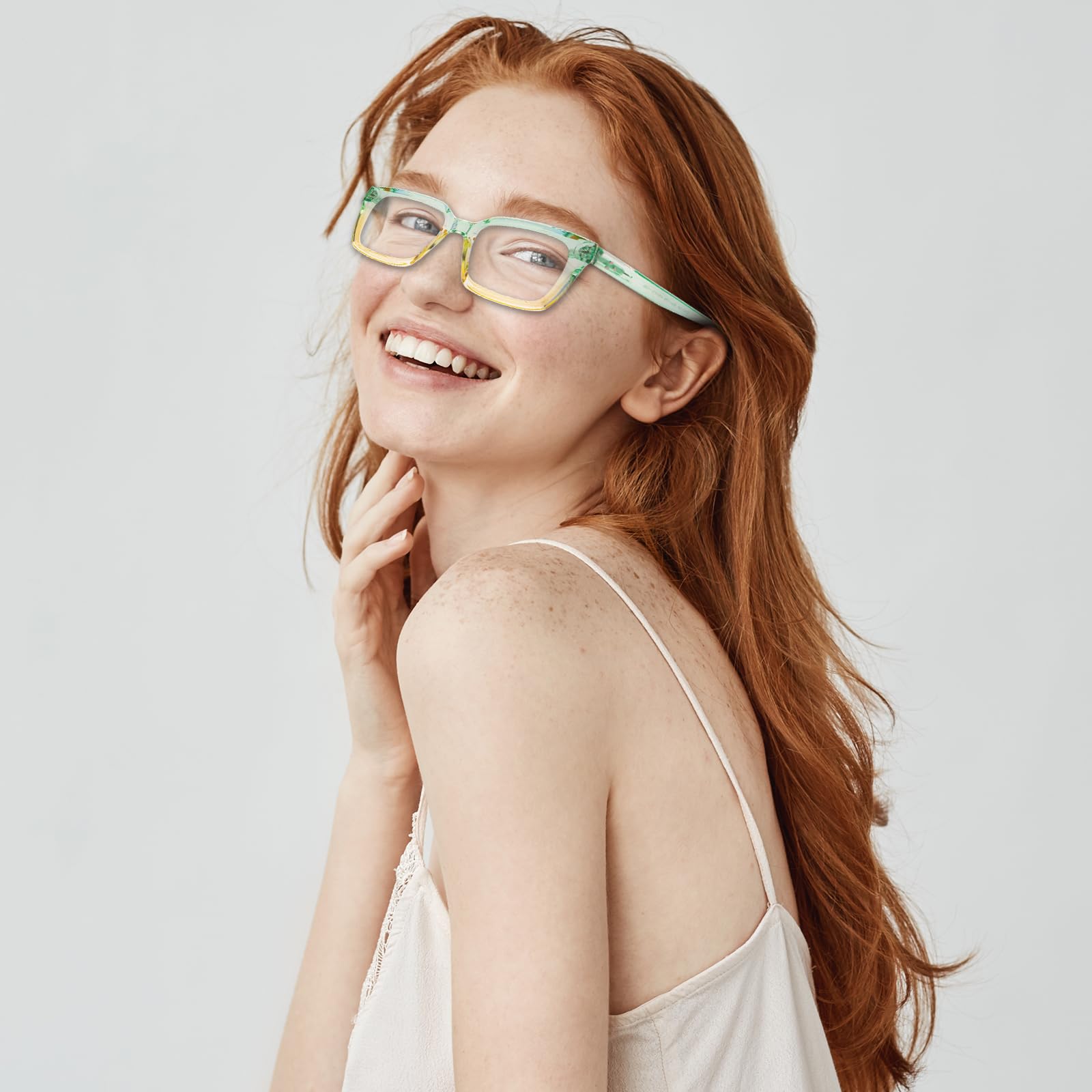 Amorays Occhiali da Lettura Oversize Square Frame Vintage con Anti Luce Blu Lenti Cerniera a Molla Occhiali Presbiopia Lettori per Donna Uomo 6561NEW(verde giallastro,+1.5)