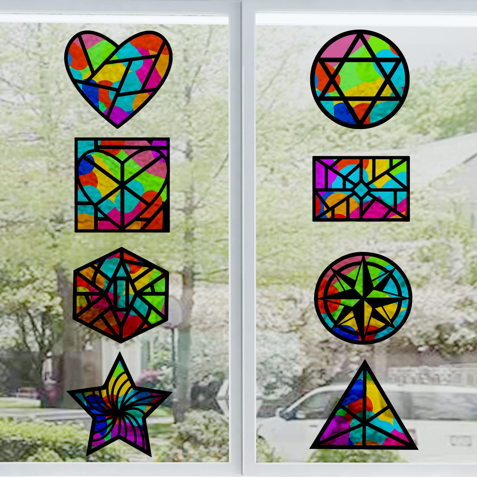 GORGECRAFT 9 Styles Papier Suncatcher Kit Coeur Fenêtre Décalque 15 Cm De Diamètre Papier Effet Verre Avec 100 Pcs 10 Couleurs Papier Artisanat DIY Décoration De Fenêtre Pour Art Classe Maison Fête