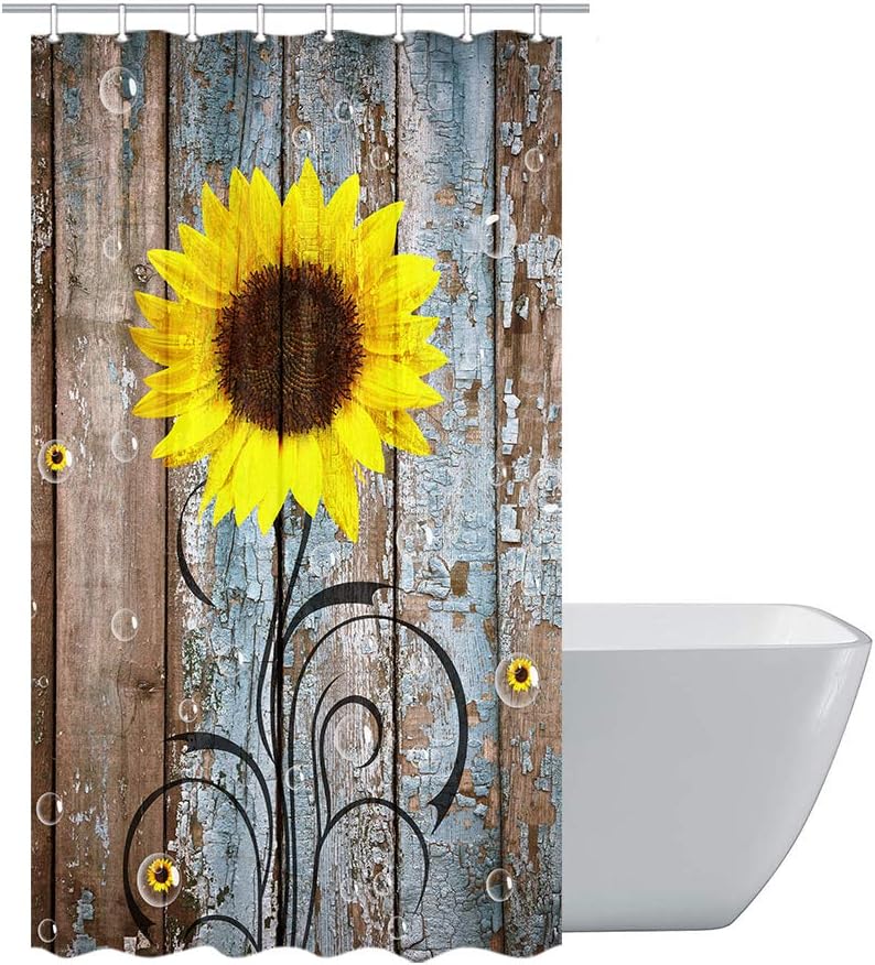 JAWO Farmhouse Sunflower RV Shower Curtain, Country Yellow Flower on Rustic Rural Wood Panel Camper Trailer Bathroom Shower Cuartain, Camping Trailer , Stall Shower Curtain with Hooks Set, 47x64Inch