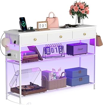 Entryway Table with LED Lights & Charging Station, 47" Console Sofa Table with 3 Fabric Drawers, Entry Way Table with Storage Shelf, Behind Couch Table for Living Room, Hallway, Foyer, White