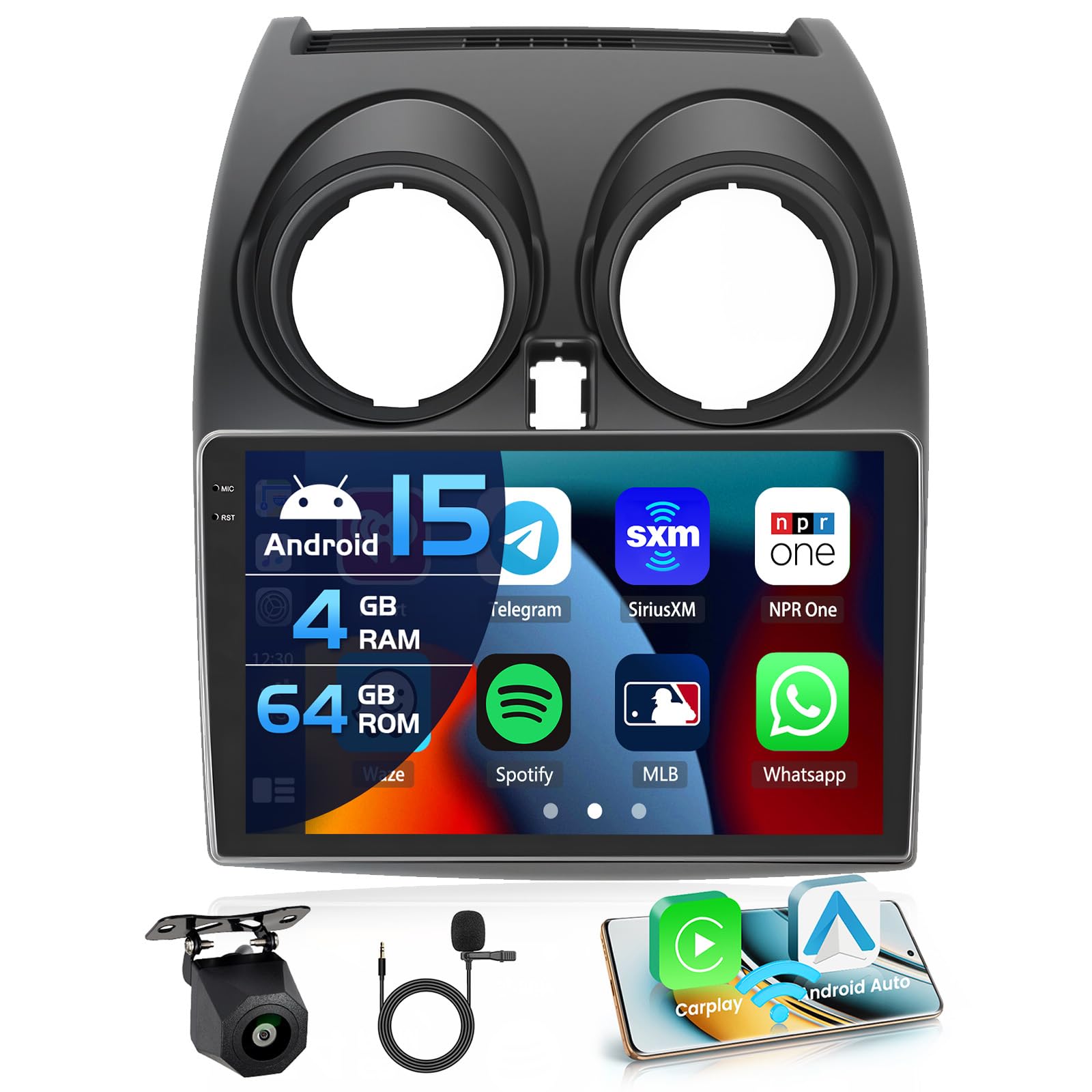 Inefala 4+64G Radio para Nissan Qashqai J10 2006-2016 Android 15 con 9'' In-Cell Pantalla con Wireless Carplay y Android Auto Mirror Link Radio FM/RDS GPS WiFi Bluetooth SWC Cámara Inversa