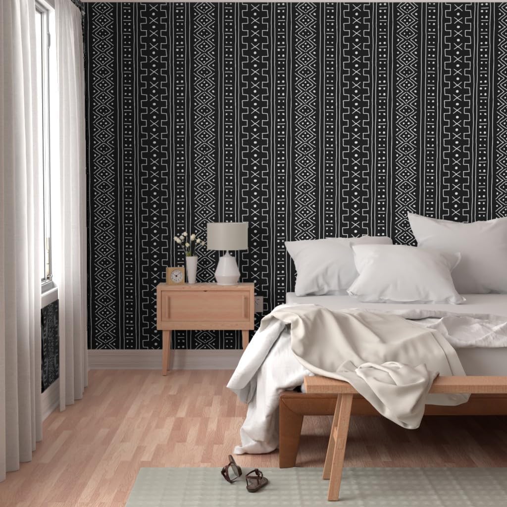 Peel & Stick Wallpaper 6ft x 2ft - White Black Mudcloth Inspired Geometric African Custom Removable Wallpaper by Spoonflower