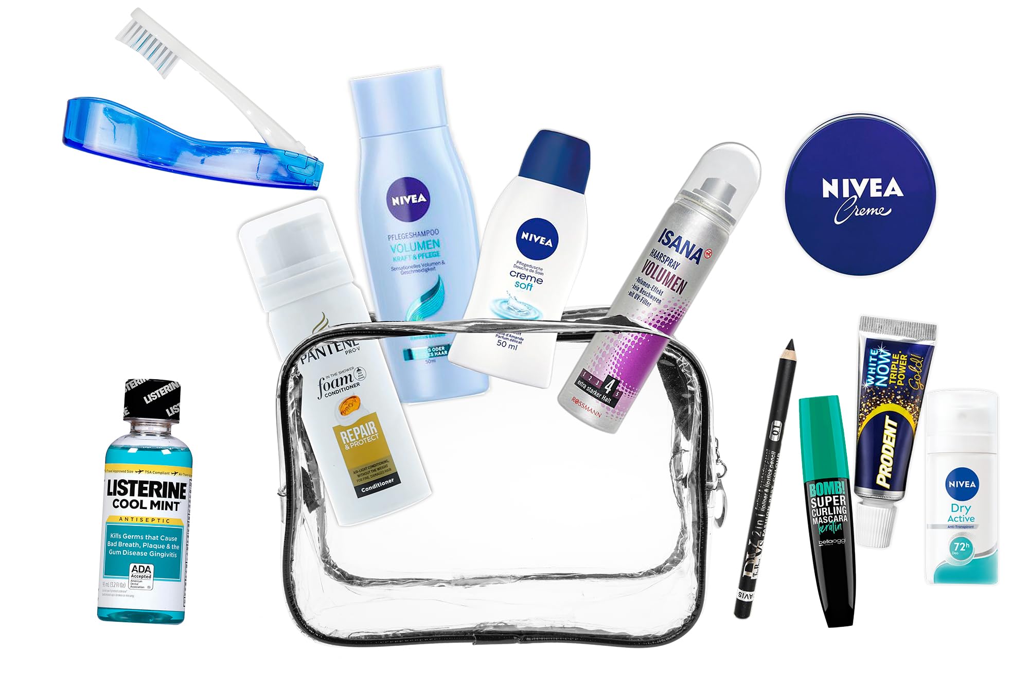 Set da viaggio adatto per bagaglio a mano, vacanze, comprendente tutti i prodotti di marca per la cura della persona necessari, in un beauty case in PVC