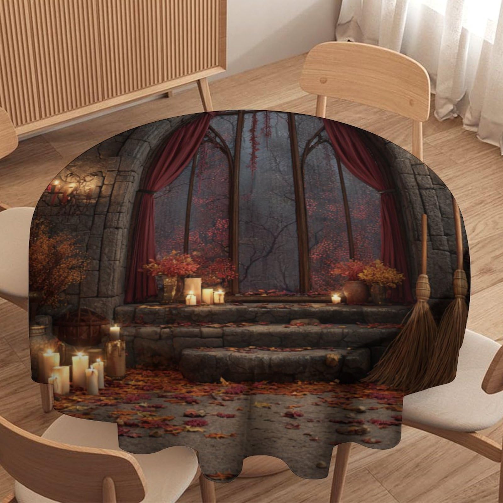 LUYYSKY Retro Realistic Gothic Castle Round Tablecloth Classic Watercolor European Architecture Flowers Print Washable Decor for Table Cover for Kitchen-177.8" Wx177.8 L cm