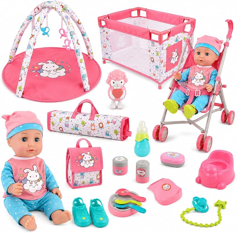 Liberty Imports Juego de 18 piezas para cochecito de bebé recién nacido que habla, juego de rol para guardería con parque infantil, tapete de juego, entrenamiento para ir al baño y accesorios (muñeca de 14 pulgadas incluida)