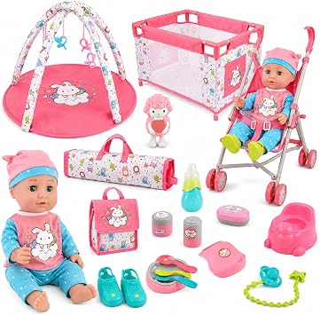 Liberty Imports Kids 18-Piece Newborn Talking Baby Doll Stroller Nursery Role Play Set w/ Playpen, Play Mat, Potty Training, Accessories 14" Doll Included