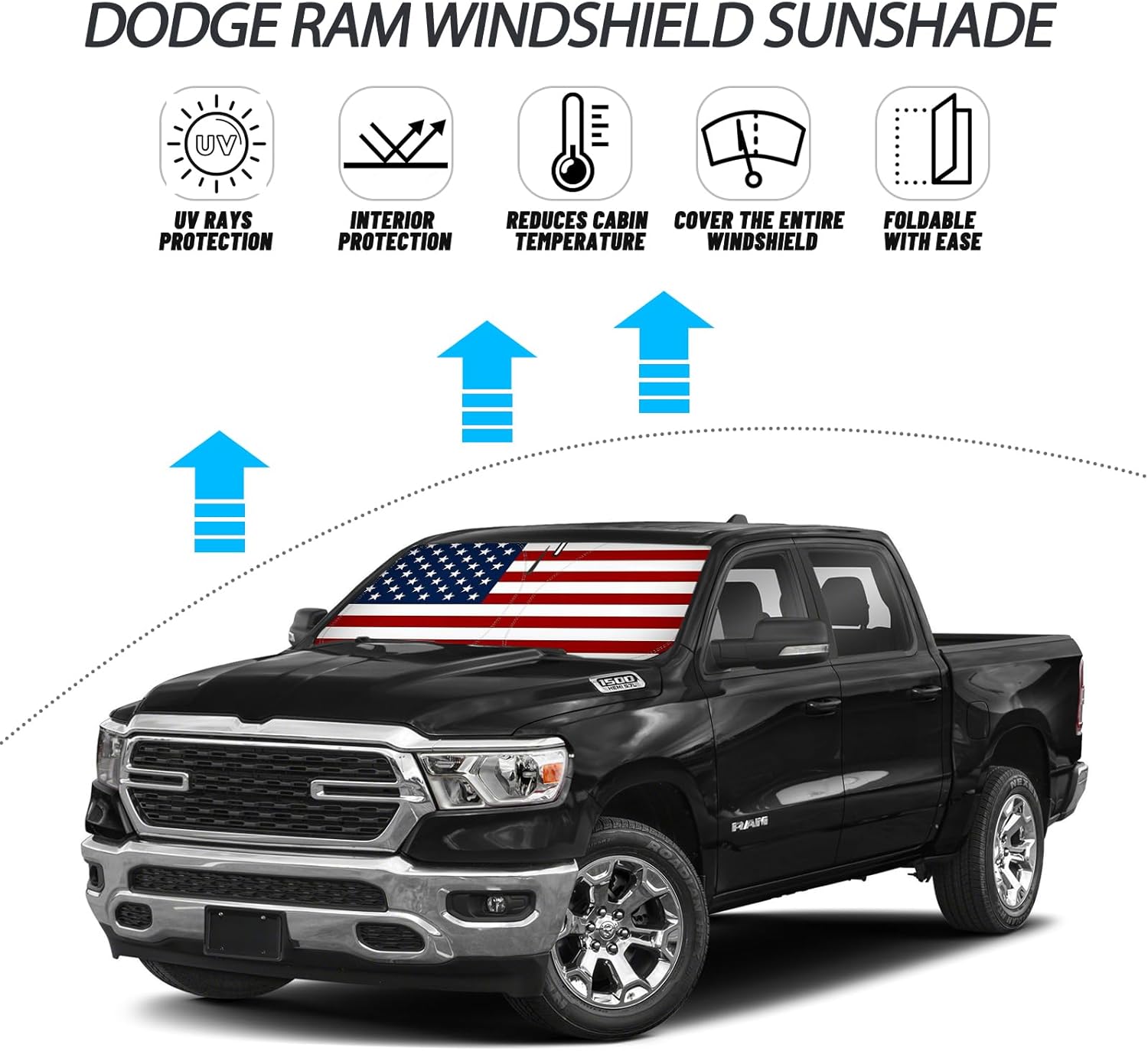 D-Lumina for 2019-2025 Dodge Ram 1500 Windshield Sun Shade American Flag, Front Window Sunshade Sun Visor Protector Block UV Rays Heat Fit Ram 1500 CrewCab, MegaCab Pickup, 2Dr RegularCab, 4Dr QuadCab