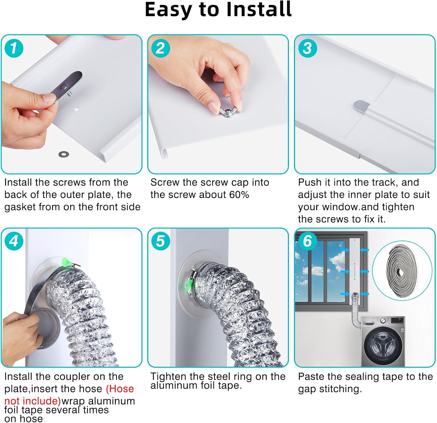 Upgraded Dryer Vent Window Kit for 4” Diameter Dryer Vent Hose, Window Dryer Vent Kit,Adjustable Dryer Window Vent Seal Panels for Sliding Window & Hung Window with Seal Strip,Add Coupler&Filter