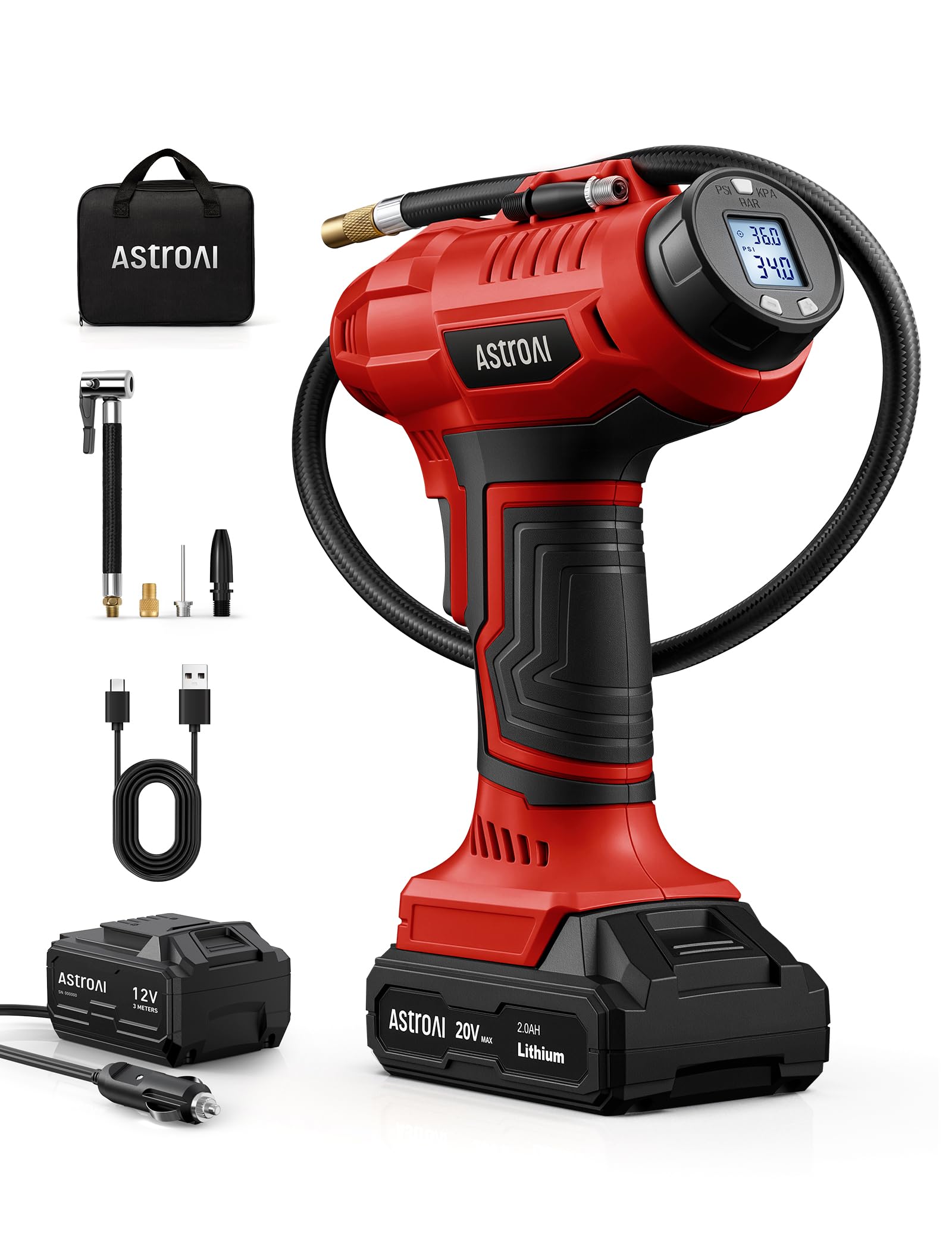 AstroAI Cordless Tire Inflator Portable Air Compressor 160PSI 12VDC Battery | Dual Power Supply Auto Shut-Off Digital Pressure Gauge Fast Inflation Air Pump for Cars Motorcycles Bikes Ball Gift Red