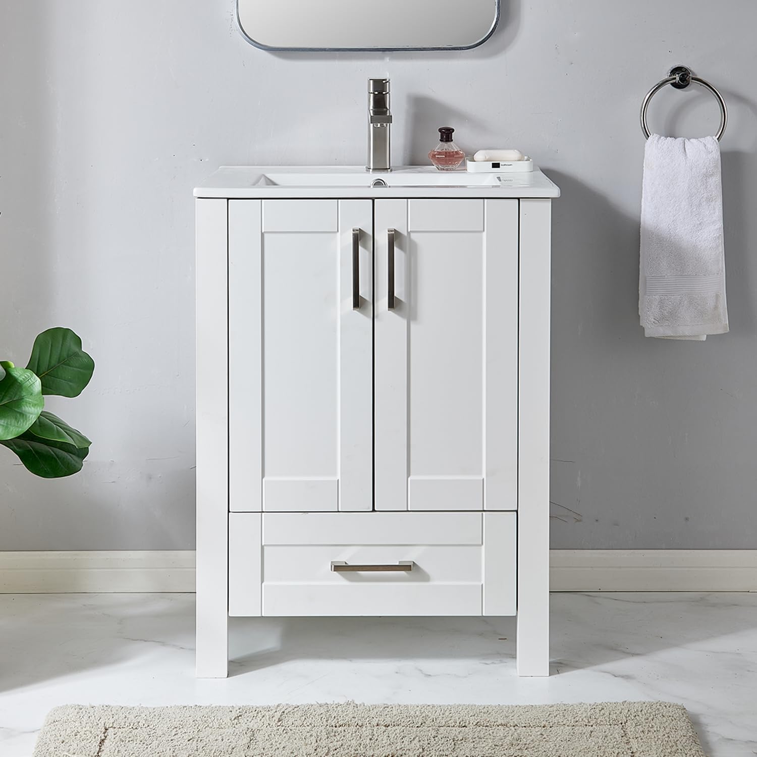 24 Inch White Bathroom Vanity with Sink, Small Bathroom Sink Cabinet, Vanity Cabinet with Rectangular Ceramic Basin, White Modern Farmhouse Bathroom Sink Vanities Set, 1 Drawer and 2 Doors