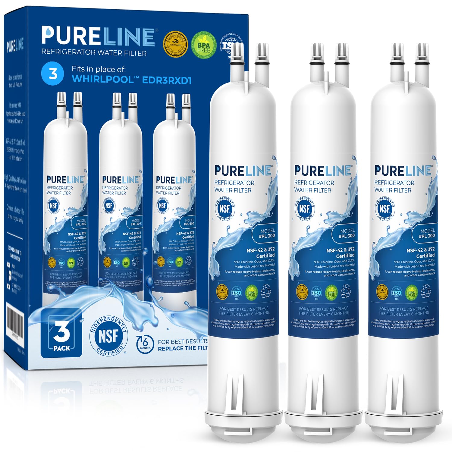 Pureline Replacement for Everydrop® Filter 3, EDR3RXD1, 4396710, 4396841 Water Filter, Kenmore® 46-9083, 46-9030, 46-9030 Refrigerator Water Filter (3 Pack)