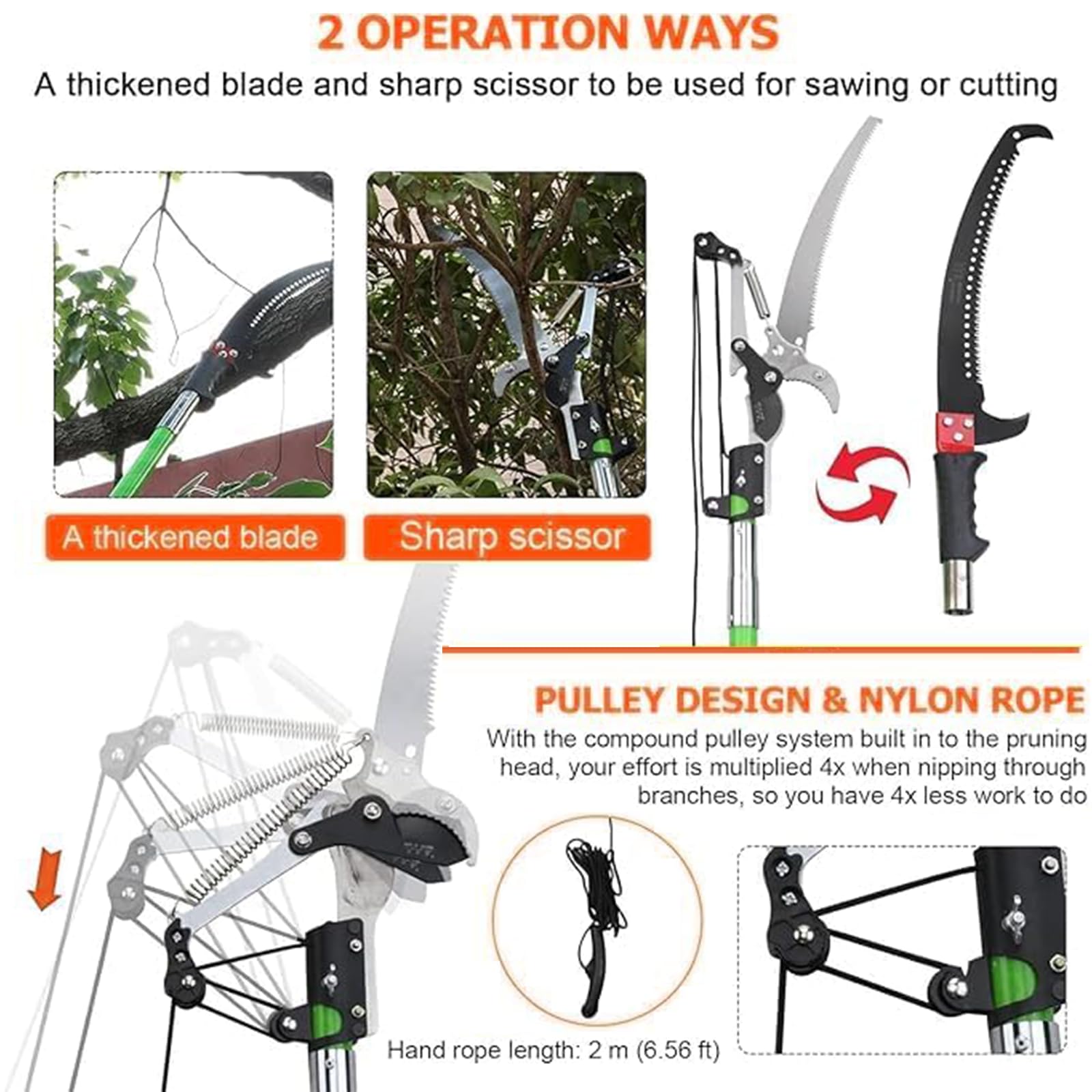 Sierra de Podar Telescópica con Mango Extensible, Alcanza 8 Metros – Sierra de Podar Manual, Herramienta de Jardinería para Podar Palmeras y Arbustos