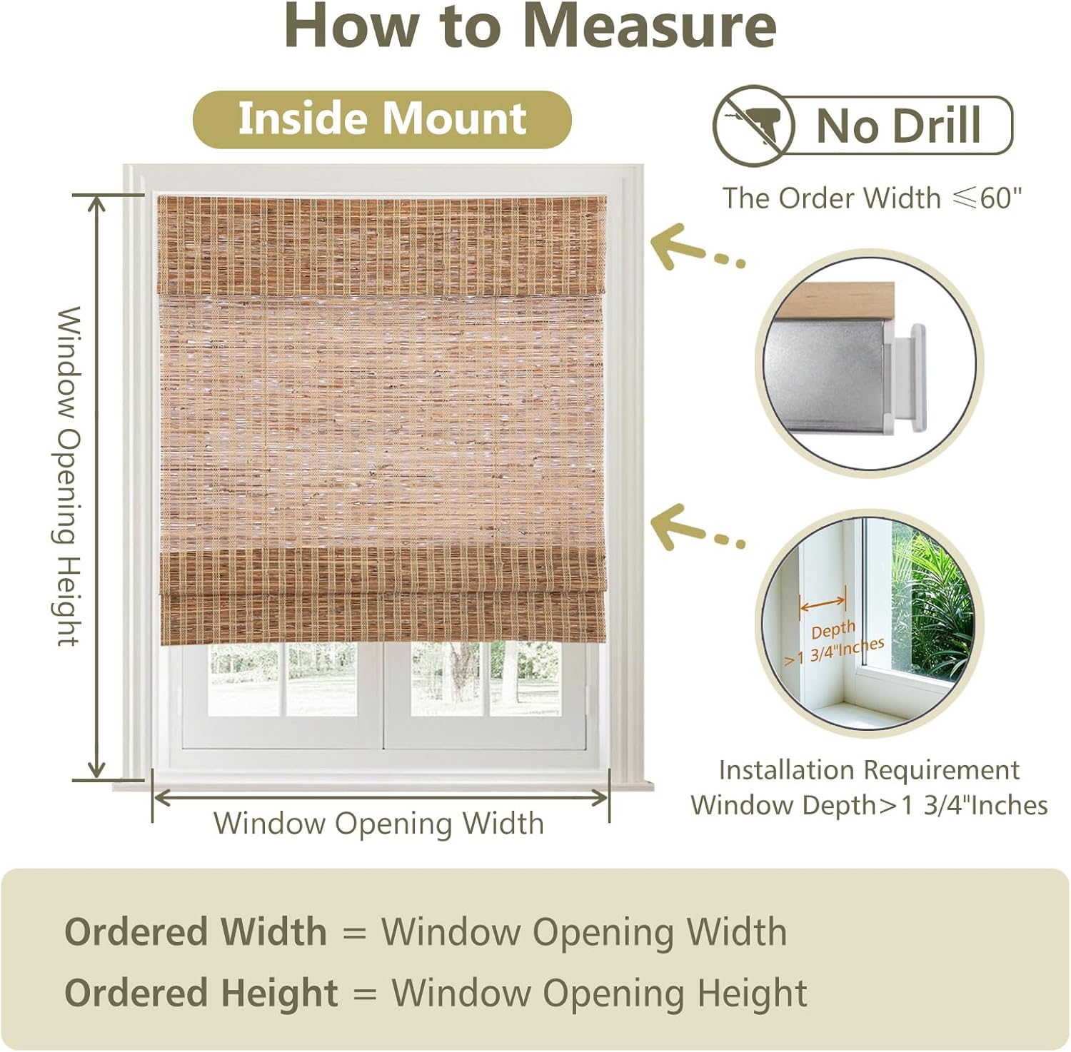 LETAU No Drill Roman Shades|Natural Ramie Bamboo|Top Down Bottom Up Cordless|Cordless Roman Shades for Windows and Doors,Brown