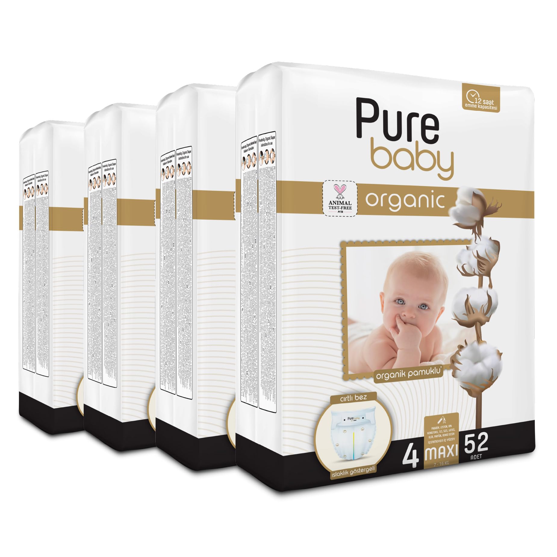 Pure Baby Organik Pamuklu Cırtlı Bez 4'Lü Paket 4 Numara Maxi…