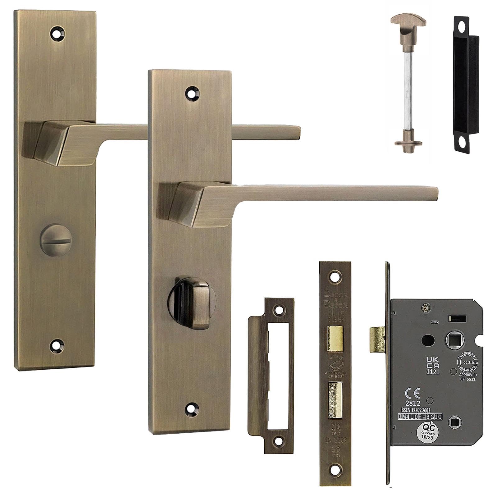 Decoranddecor Spectra Antique Brass Lever Door Handles with Backplate Featuring Bathroom Thumb-Turn Lock for Commercial & Domestic Installation vs Keyhole Backplate Door Handles