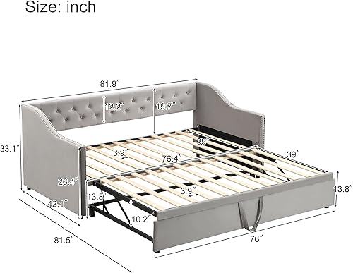 Miniatura 20 de Sofá cama tapizado de tamaño individual con nido desplegable, sofá cama extensible de terciopelo con respaldo copetudo, marco de sofá cama