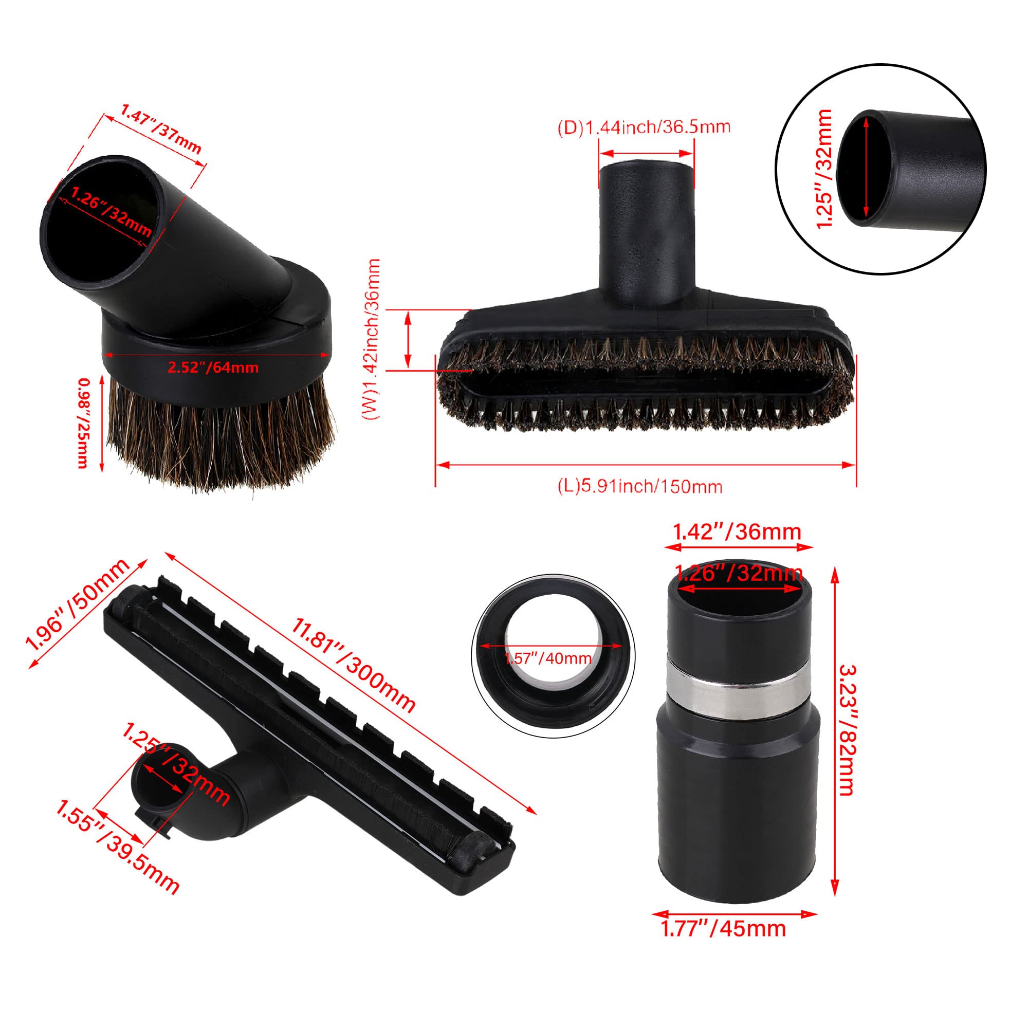 Cepillo de vacío redondo de 32 mm de diámetro interior y adaptadores de manguera con cepillo cuadrado y kit de fijación al vacío