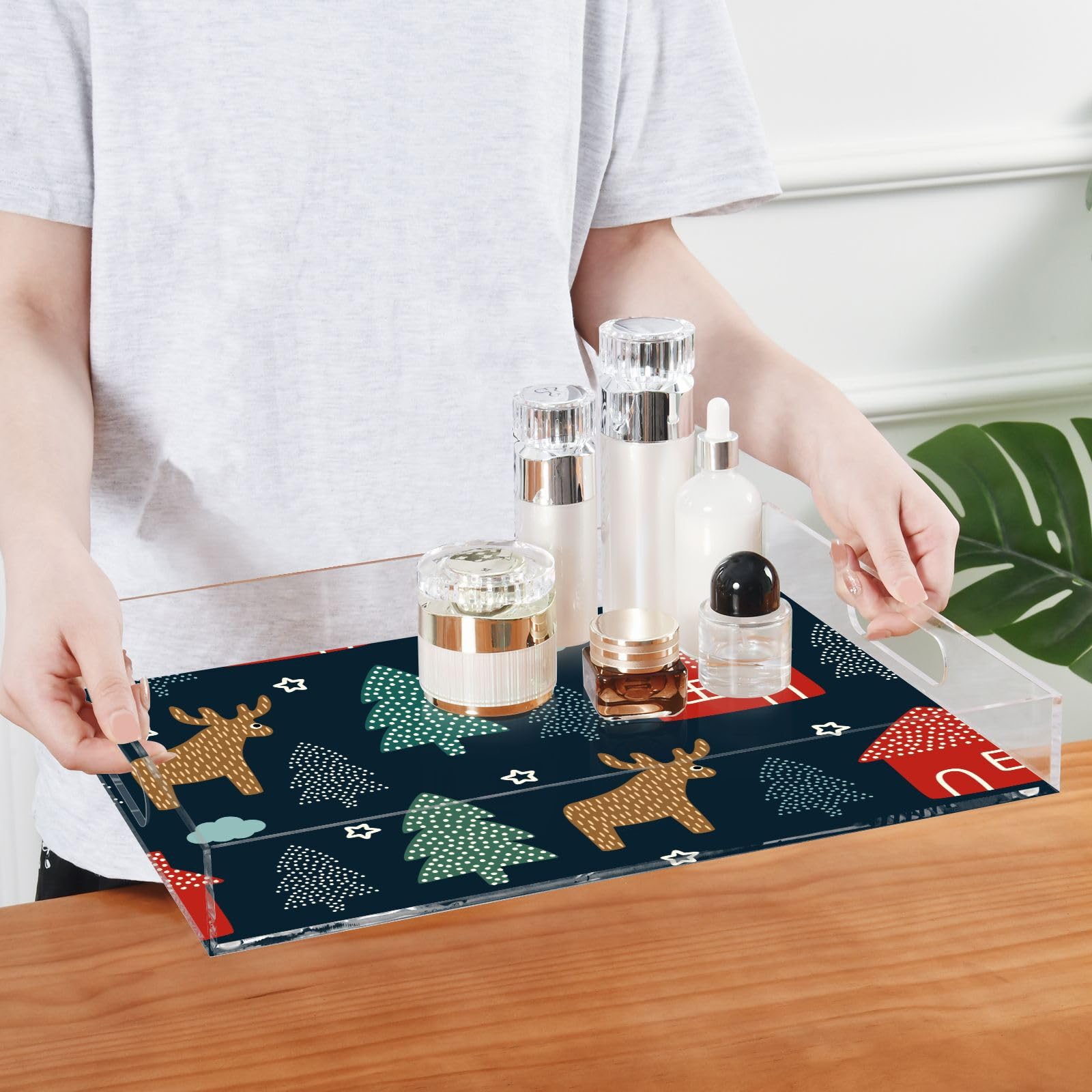 Bandejas acrílicas transparentes para servir con asas, bandeja de desayuno de 12 x 16 pulgadas, diseño personalizado transparente para vacaciones de invierno, bandeja de servir impermeable azul