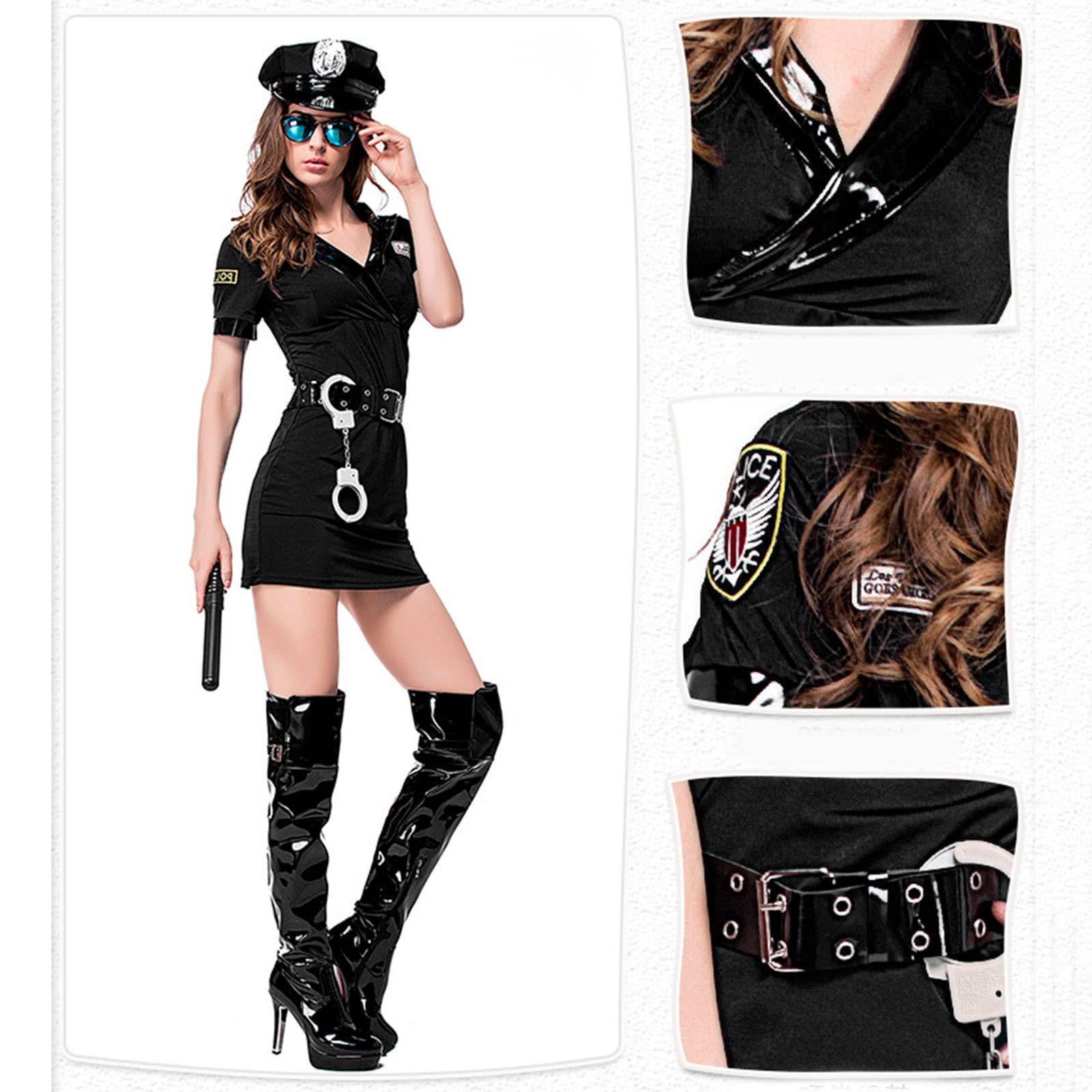 Police Costume Women Naughty Cop Leather Jumpsuit Adult Cop Uniform Fancy Dress Outfit Set Costume Set including Romper, Belt - Image 4
