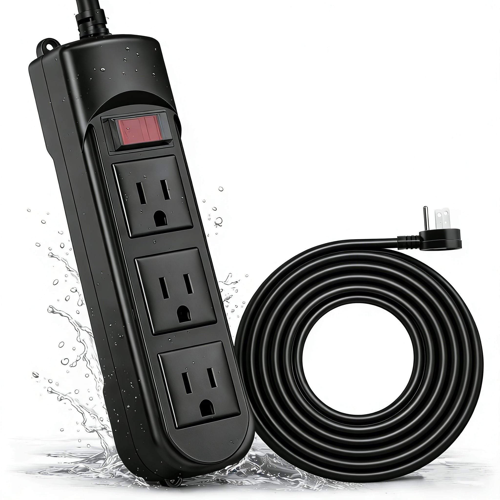 Outdoor Power Strip Weatherproof, 25FT Heavy Duty Outdoor Extension Cord with 3 Outlets, Overload Protection, IPX4 Waterproof, Surge Protector for Kitchen, Bathroom, Patio (6FT-Black)