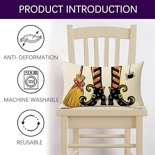 Miniatura 2 de Funda de almohada decorativa lumbar con zapatos de bruja de Halloween de 12 x 20 pulgadas, escoba rectangular araña para decoración del hogar al