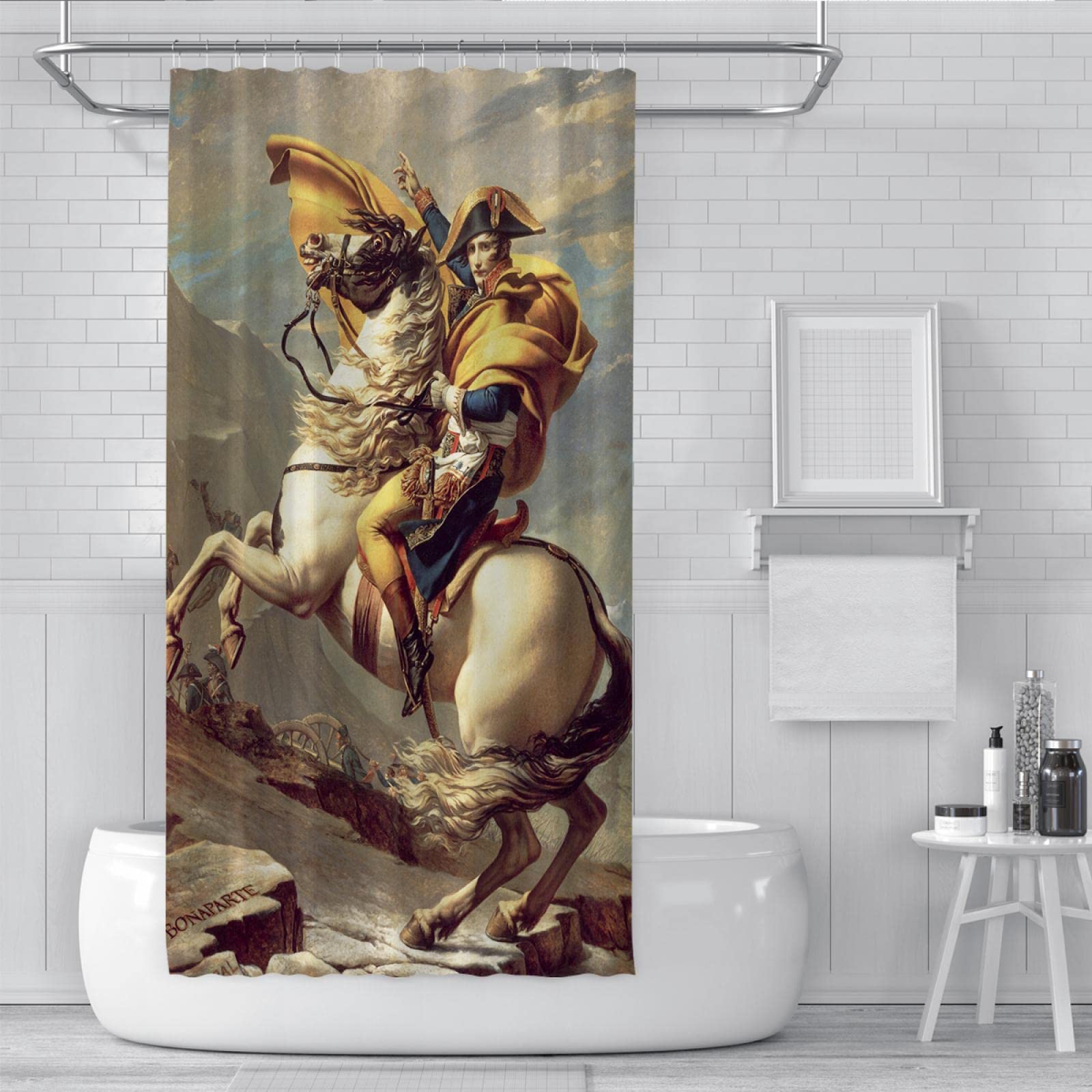 Ensembles de rideaux de Douche Cheval Blanc Avec crochets rideaux de Bain en Tissu Polyester imperméable Le Napoléon traversant Les Alpes par Jacques-Louis David 240Bx200Lcm
