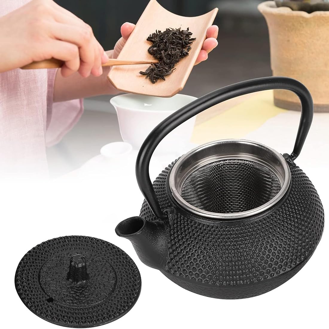 LIZEALUCKY 300ML Japanese Cast Iron Teapot Tea Kettle Pot with Removable Stainless Steel Strainer Gas Induction Cooker Universal Coffee Teapot Home Use Kettle Stovetop Safe