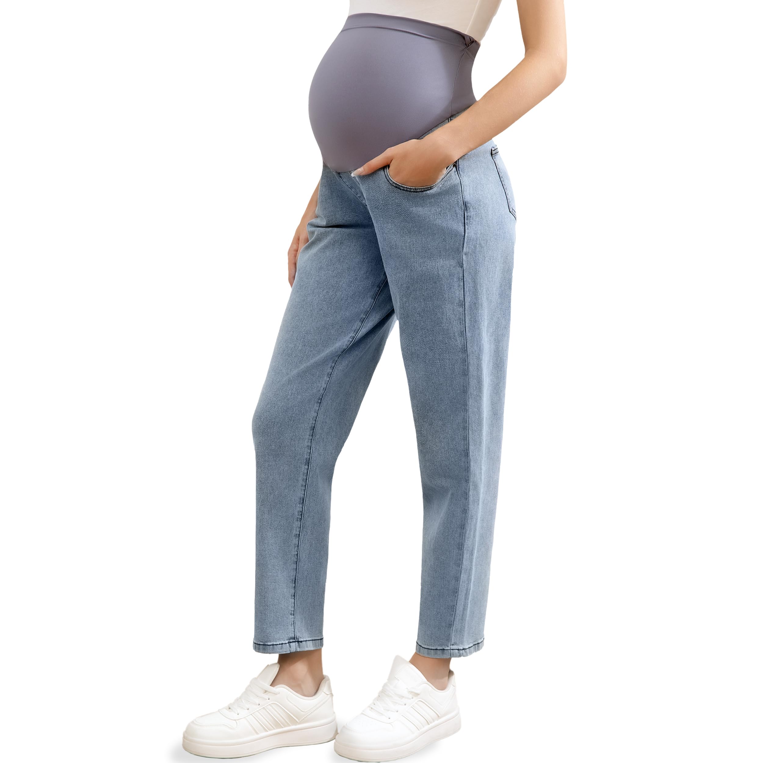 Womens Maternity Jeans Over Belly Comfy Stretch Boyfriend Jeans Loose Pregnancy Pants with Pockets