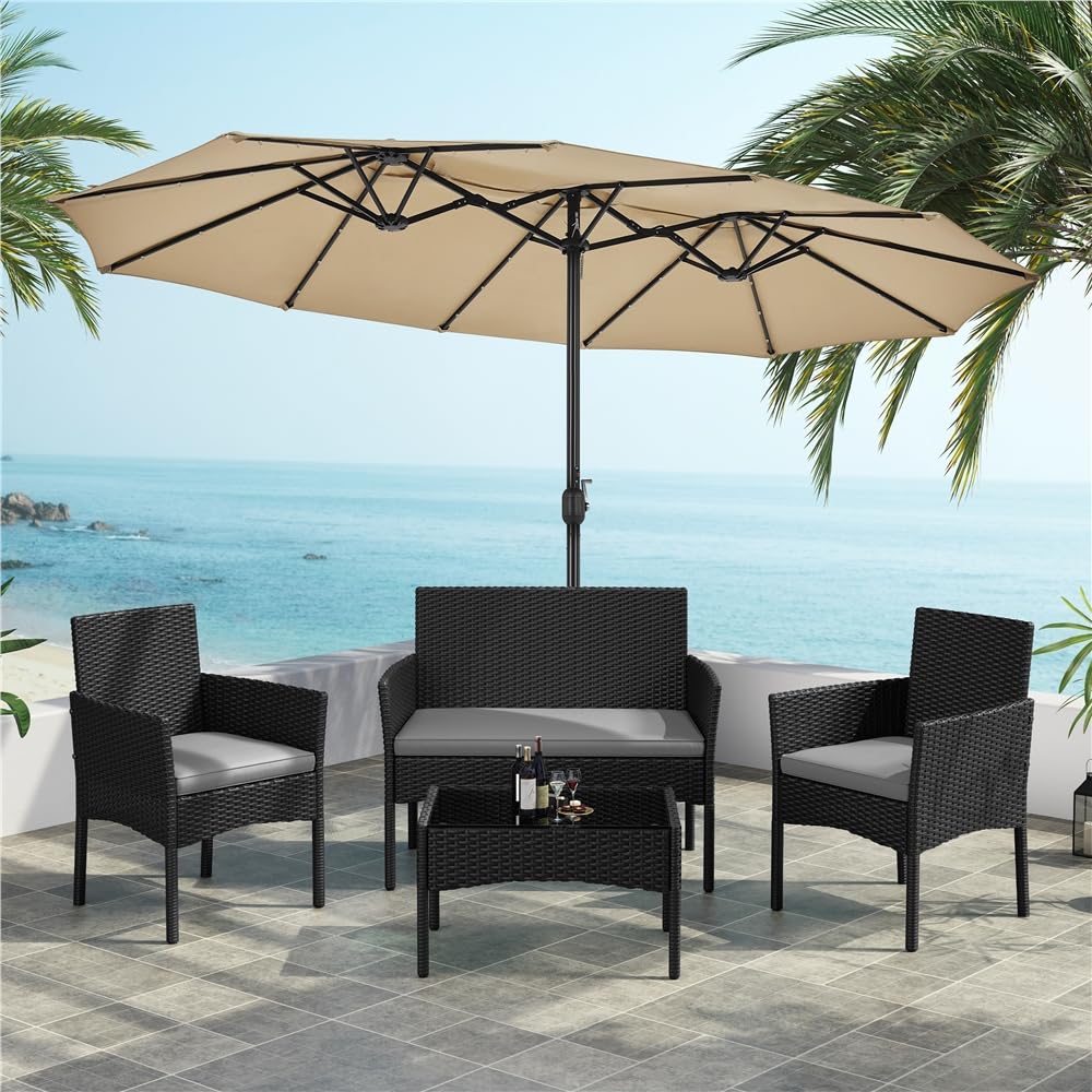 Yaheetech Set di Mobili da Giardino da Balcone 4 Pezzi in Polyrattan con Divano a 2 Posti 2 Poltrone 1 Tavolo per Esterni Patio Giardino Nero/Grigio Chiaro