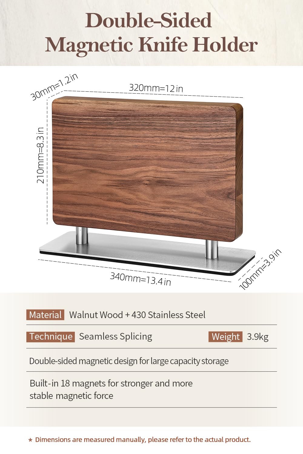 XINZUO Madera de Nogal Bloque Cuchillos Magnético -Soporte Magnético Doble Cara Iman Extra Fuerte-Base Antideslizante-Ahorro de Espacio-Porta Cuchillos Magnético-Fácil de Limpiar-con Caja de Regalo