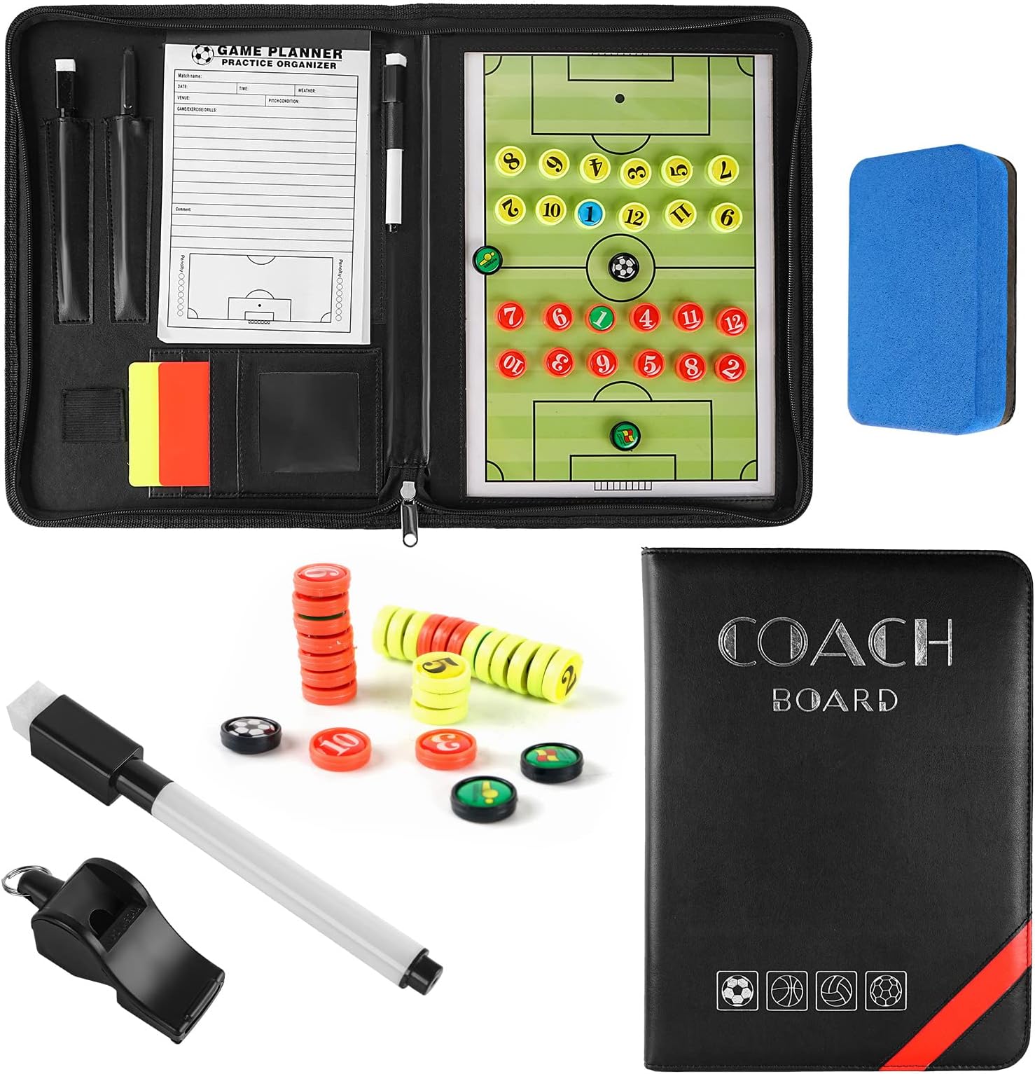 Shogpon Portable Professional Football Tactics Board Magnetic Coaching Board Clipboard with Whistle, Marker pieces, Pens, Eraser, Red and Yellow Cards
