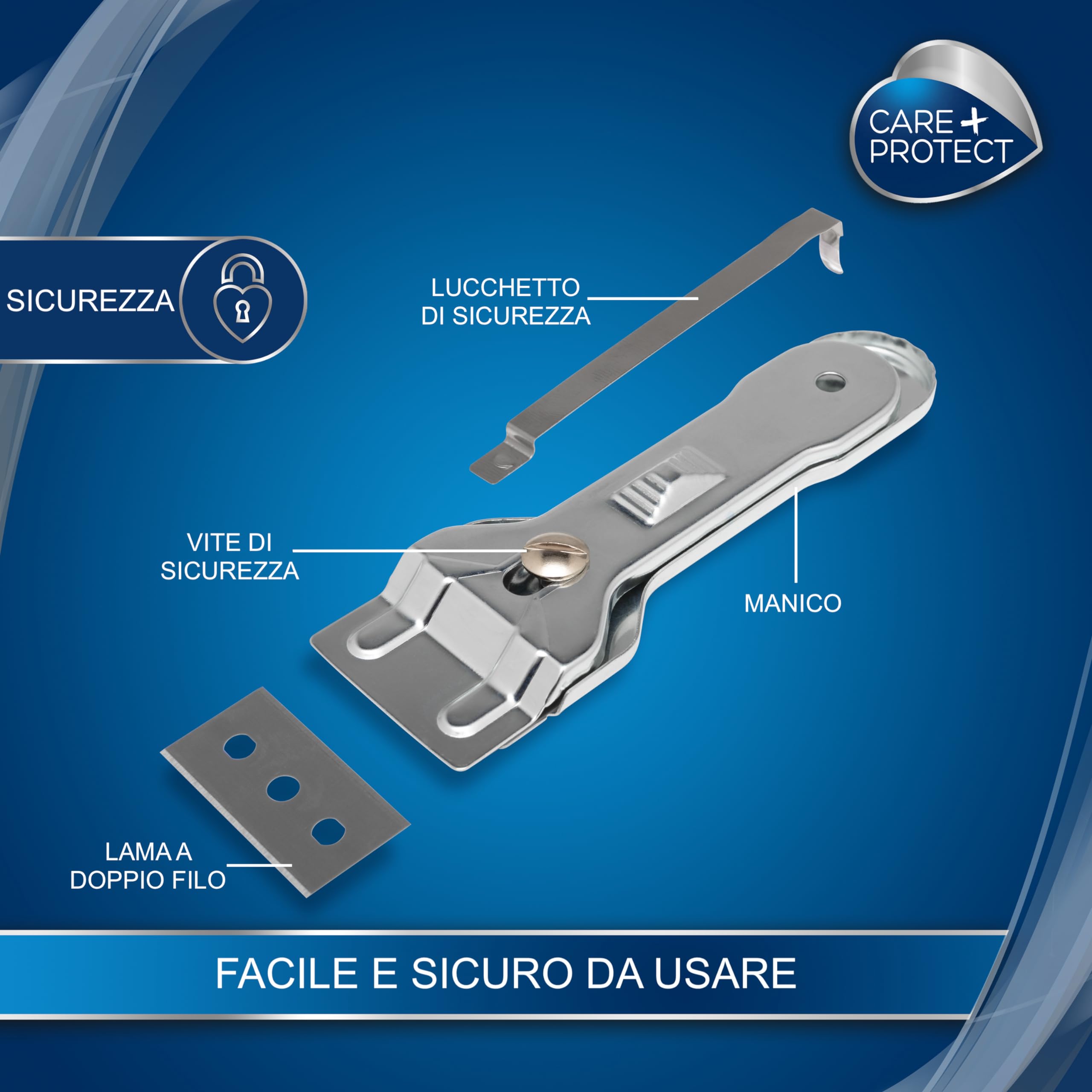 CARE + PROTECT Raschietto per la pulizia di piani cottura in vetroceramica/a induzione. Il raschietto, sicuro da usare, rende le superfici lucide e brillanti senza graffiarle. La lama è sostituibile