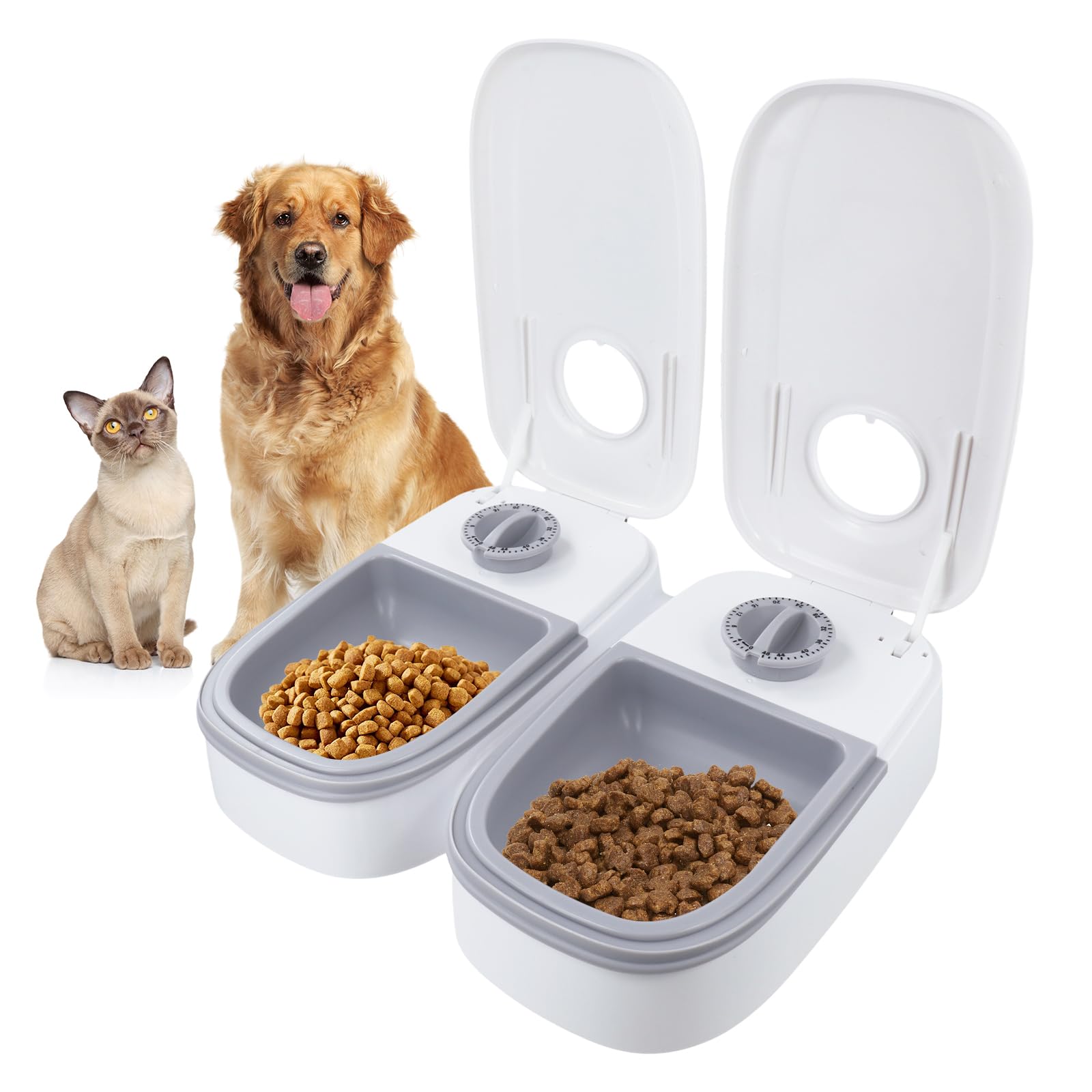 2 Meal Automatic Cat Feeder with 48H Timer, 700ML Pet Dry and Wet Food Dispenser, Built-in Timers Dual Bowl Feeder BPA Free Timed Feeding Station for Cats and Small/Medium Dogs (Grey)