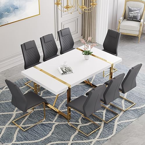 Miniatura 38 de Juego de mesa de comedor moderno de 55 pulgadas para 6, superficie de mesa blanca y estructura de metal plateado, mesa rectangular para comedor