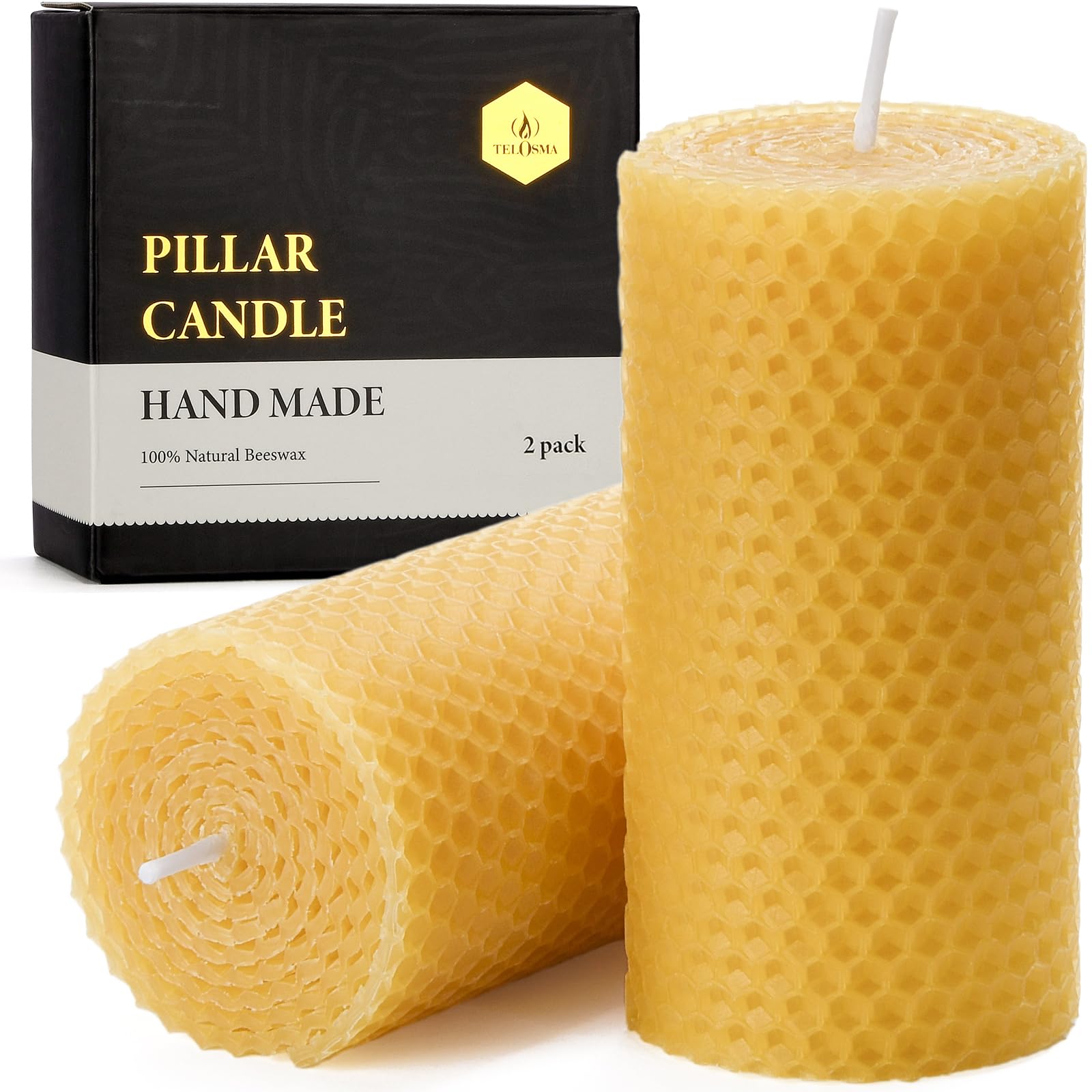 Drippless Beeswax Pillar Candle - Set of 2 - Hand Rolled Pure Natural Beeswax Candles 2 x 4 inch, Honeycomb Surface - Great for Home Decor, Best Choice for Mother Father or Sister Gift - Yellow