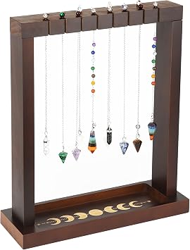 Moon Phase Pendulum Display Stand with Tray, Holds 15 Pendulums | Wooden Wiccan Crystal Holder, Witchcraft Supplies Organizer, Witch Rack for Incense Charging Necklace Healing Stone Gift
