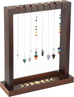 Moon Phase Pendulum Display Stand with Tray, Wood Wiccan Crystal Holder for Up 15 Pendulum, Witchcraft Supplies Witch Organizer for Incense Charging Necklace Healing Stone Gift Rack