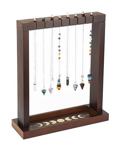 Ceiner Moon Phase Pendulum Display Stand with Tray, Wood Wiccan Crystal Holder for Up 15 Pendulum, Witchcraft Supplies Witch Organizer for Incense Charging Necklace Healing Stone Gift Rack