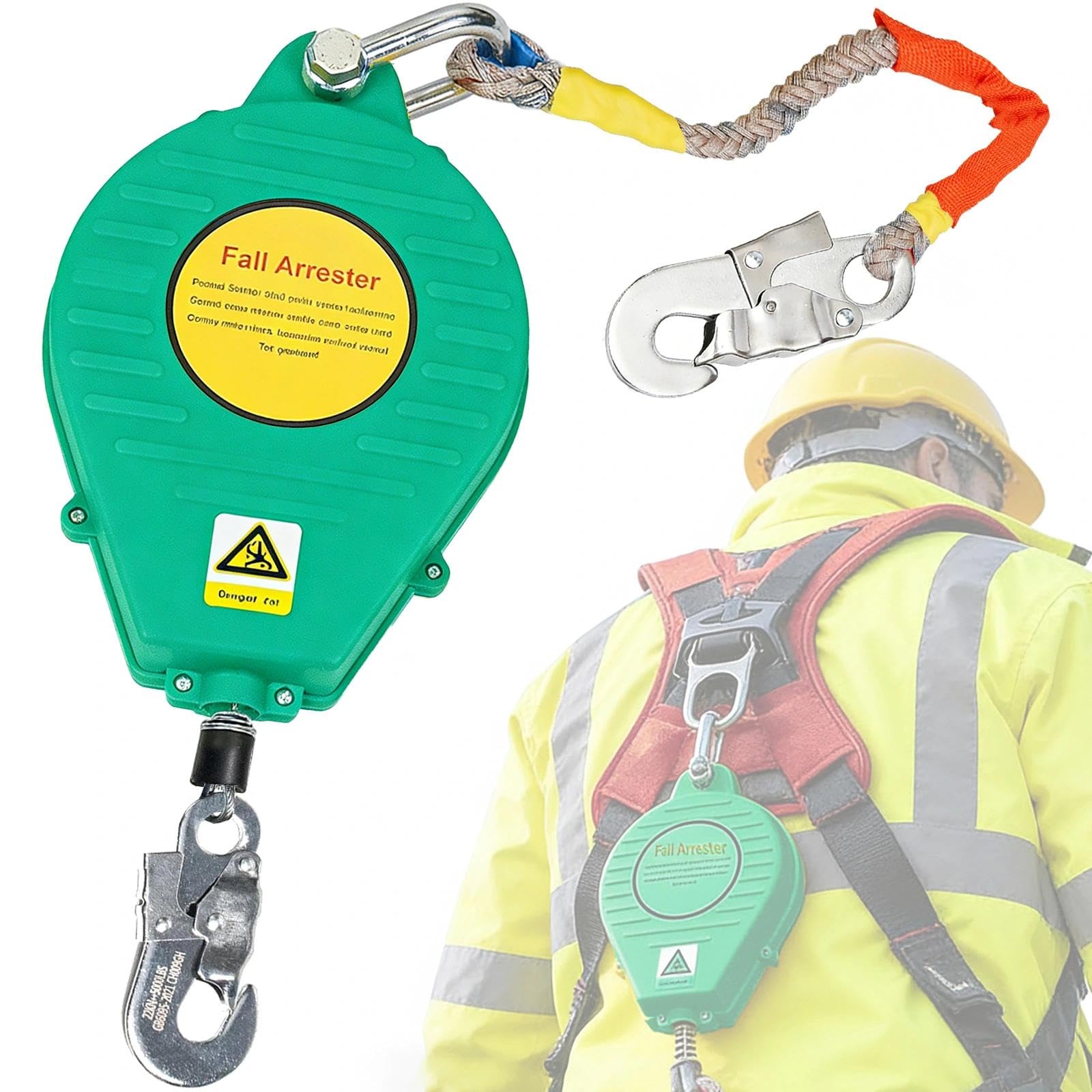 Arnes Linea de Vida Retráctil Tejado, 3-20m Dispositivo Anticaidas Retráctil Seguridad para Techado y Construcción, 150 kg Linea de Vida Retractil con Gancho Autoblocante(Verde,10m)