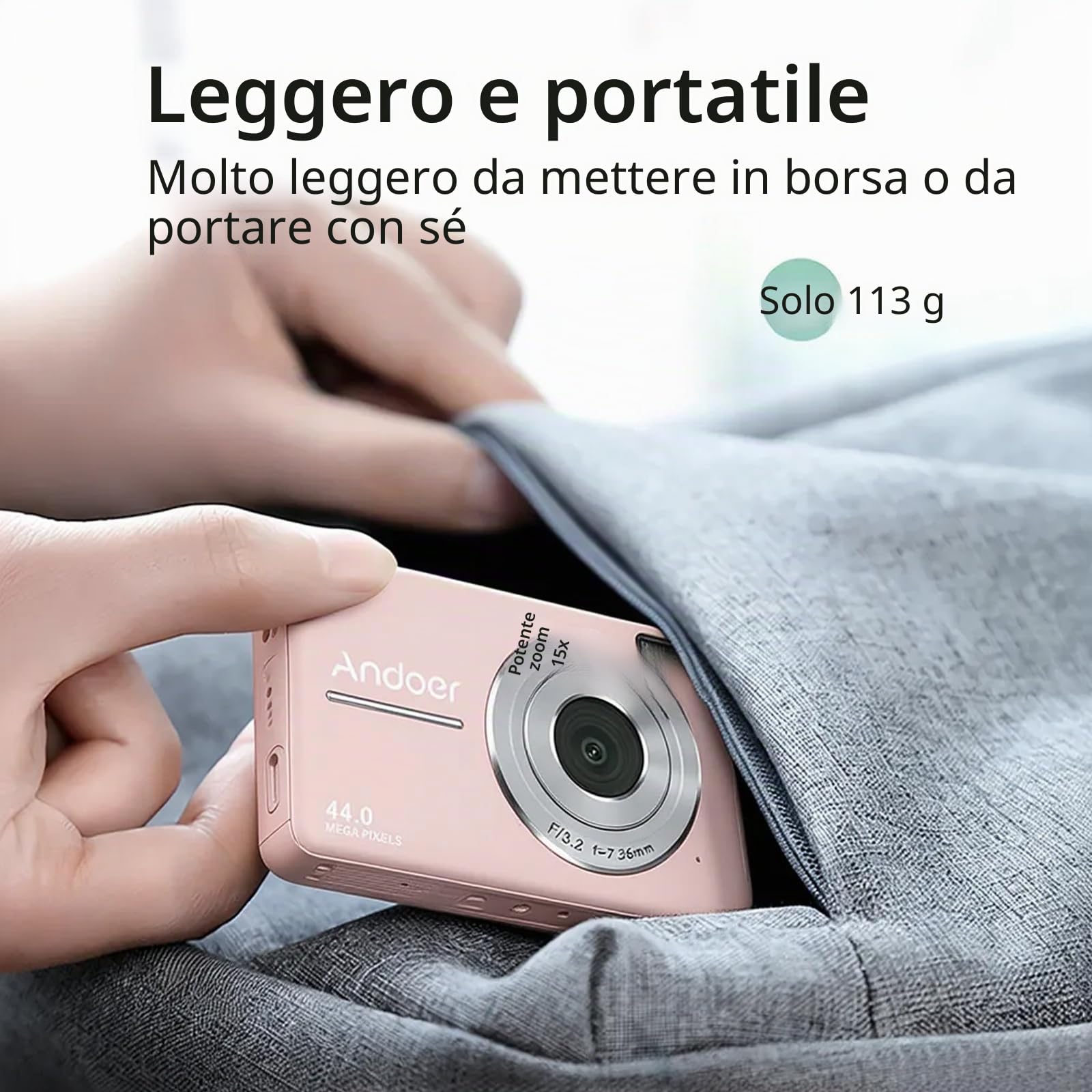 Andoer Fotocamera digitale con 2 batterie ricaricabili,memoria da 32 GB 1080P 44 M HD Zoom digitale 16X Anti-shake Messa a fuoco automatica Schermo IPS 2.5 Schermo LCD Sorriso per Bambini,rosa chiaro
