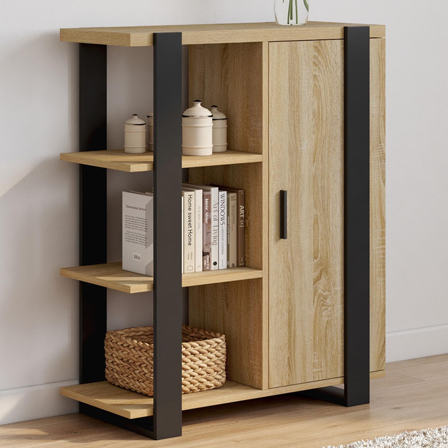 IDMarket Phoenix - Aparador auxiliar con 3 estantes y armario de 70 cm, madera y negro