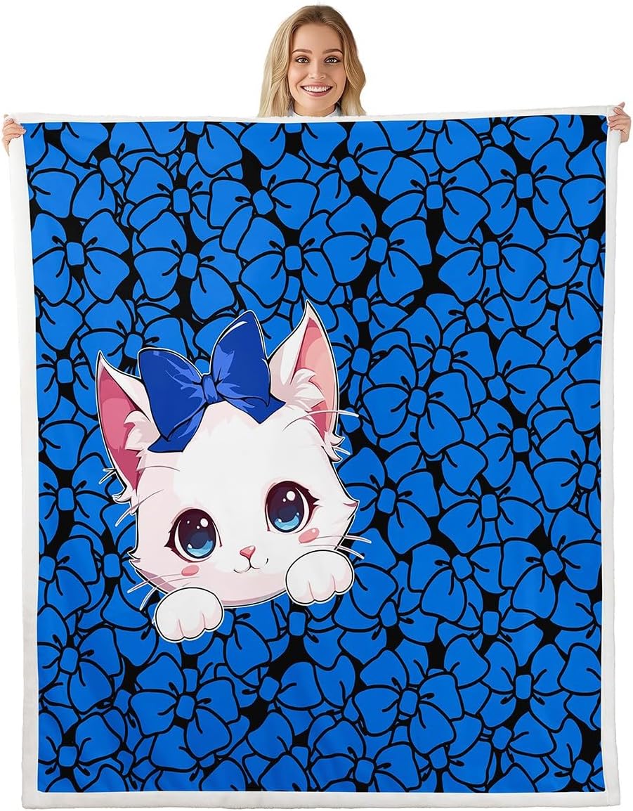Cartoon Animal Blue Fleece Flannel Blanket,Lovely Cat Pet Bed Blanket for Bed Sofa Couch,60"x80",Kids Girls Princess 3D Bow Bed Plush Blanket,Dreamy Princess Style Lightweight Blanket