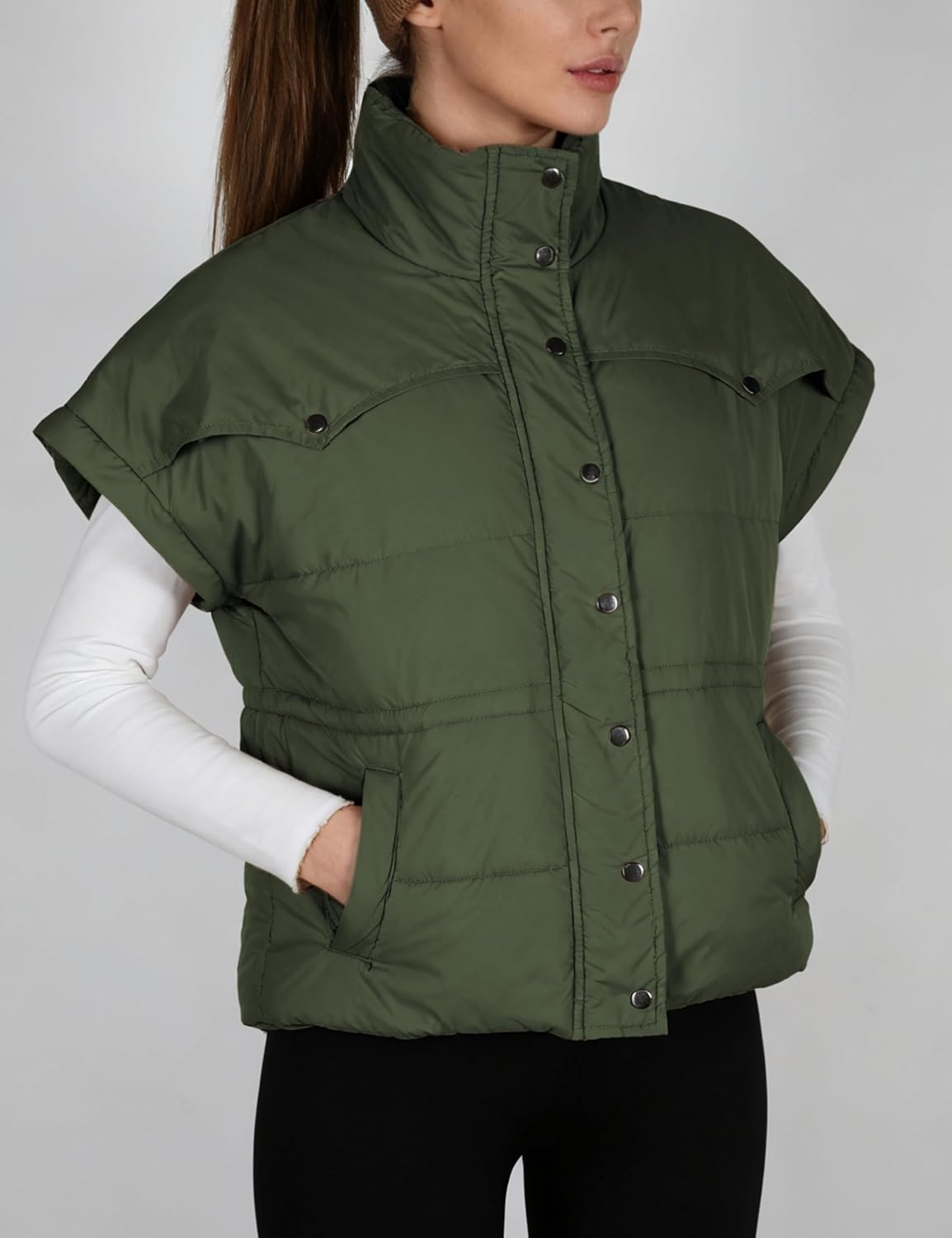 Himosyber Womens Puffer Vest Stand Collar Cap Sleeve Quilted Jackets 2025 Fall Winter Coat with Pockets - Image 2