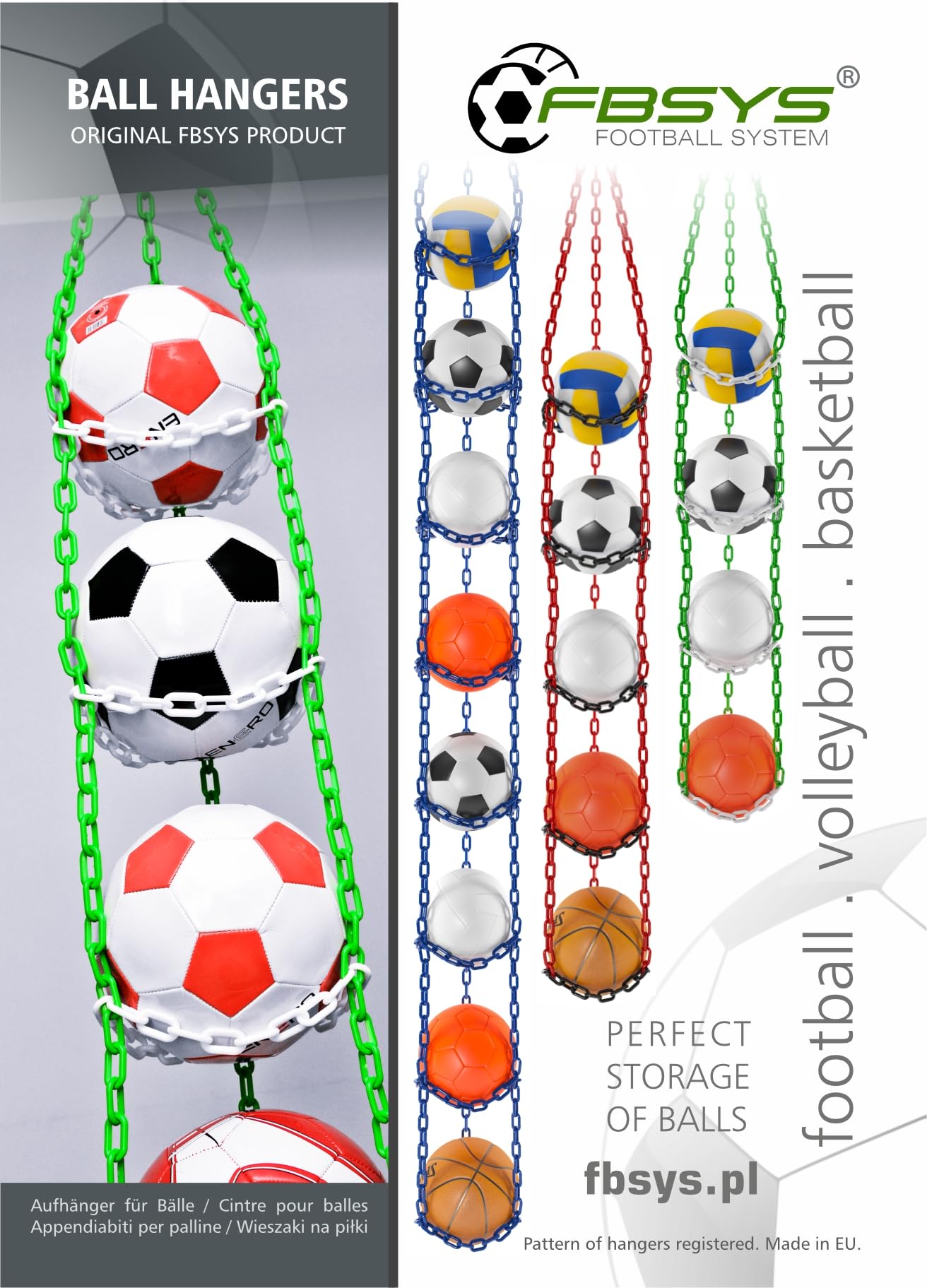 Ballhalter - Haken für 8 Bälle (Basketball, Fussball, Volleyball) - Organizer Ballnetz - Schwarz & Grün