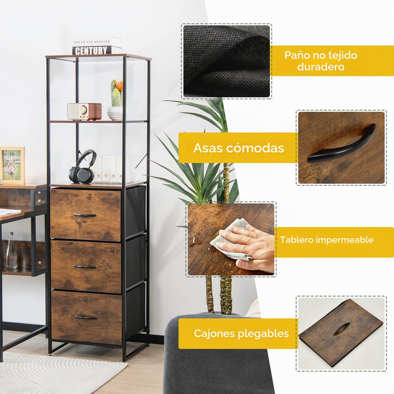 HOMASIS Estantería con 3 cajones y 3 estantes abierto, estantería vertical de madera con marco de acero y dispositivo antivuelco, librería de esquina para salón, estudio, oficina, 43x39x156 cm, marrón