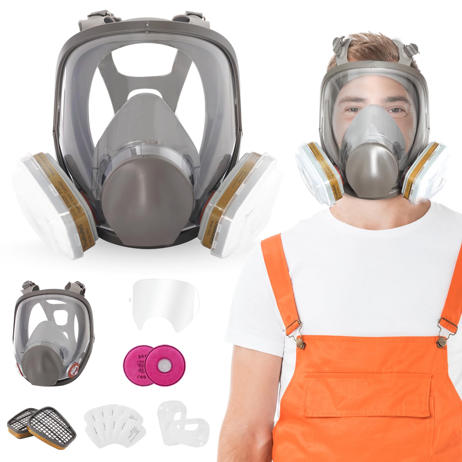 Trudsafe 27 in 1 Maschera Respiratoria a Pieno Facciale 6800 con Cartuccia di Vapore Organico 6001 e 10 Pezzi di Copertura per Lenti 6885, Maschera Respiratoria con Filtri per Verniciatura