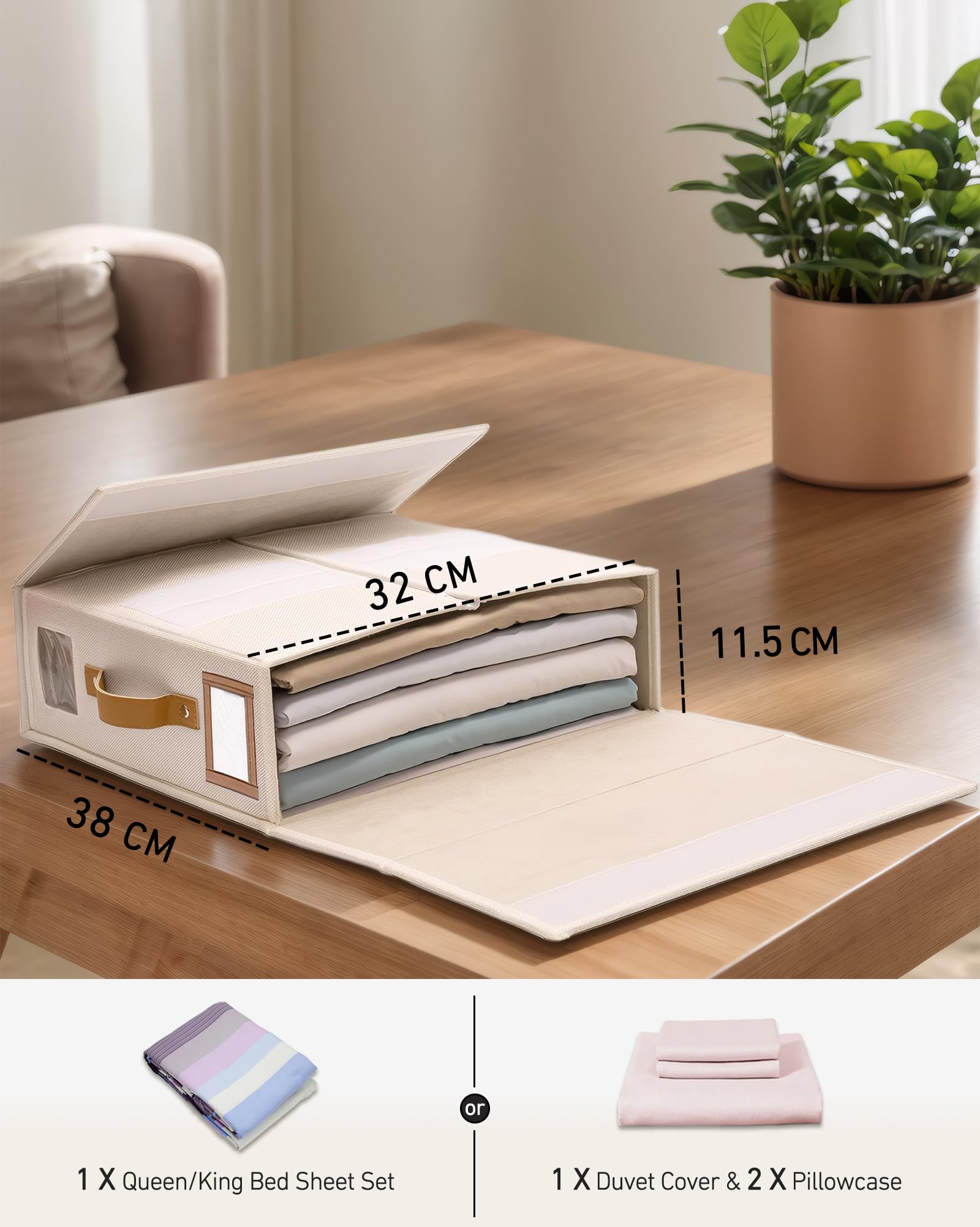 linge boite rangement drap de lit, 6 organisateur drap pliable vec fenêtre transparente & étiquette pour draps couvertures, housses, serviettes, Lin Beige